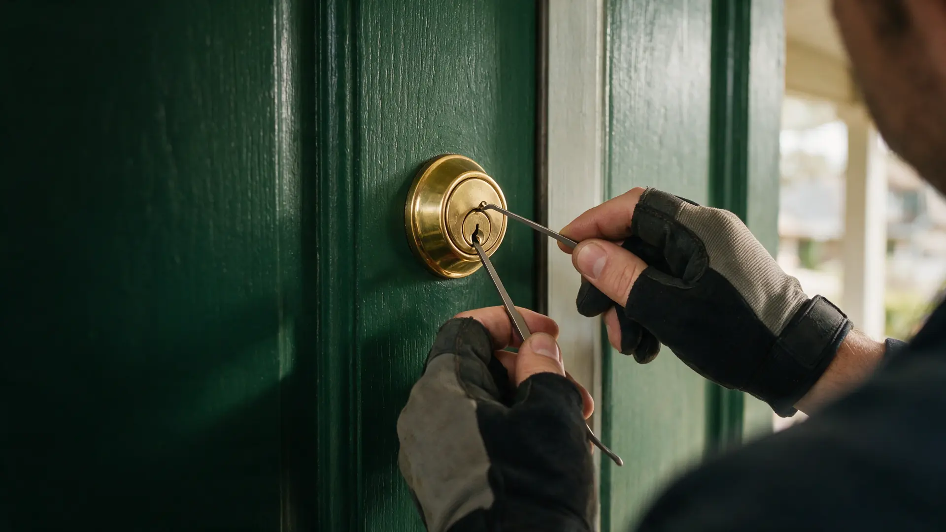 Locksmith hands working a deadbolt with a pick and tension wrench