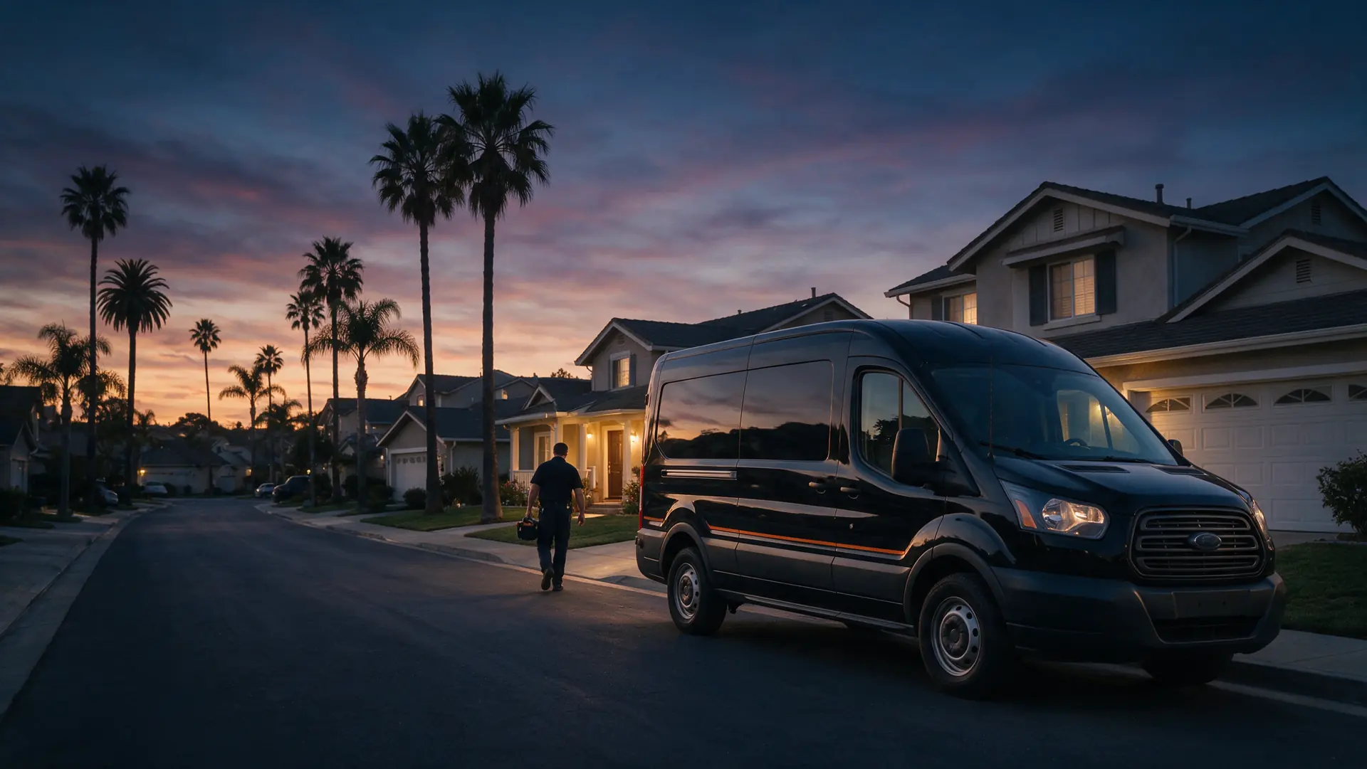 Prime Locksmith service van arriving at a San Jose home at dusk